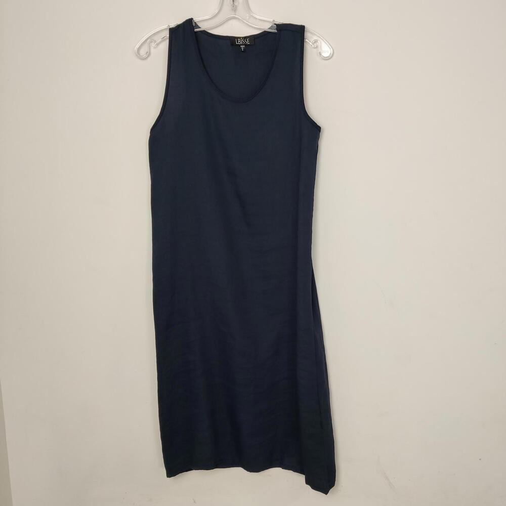 LBisse 100% Linen Navy Sleeveless Midi Dress Made in USA Size Small Quiet Luxury
